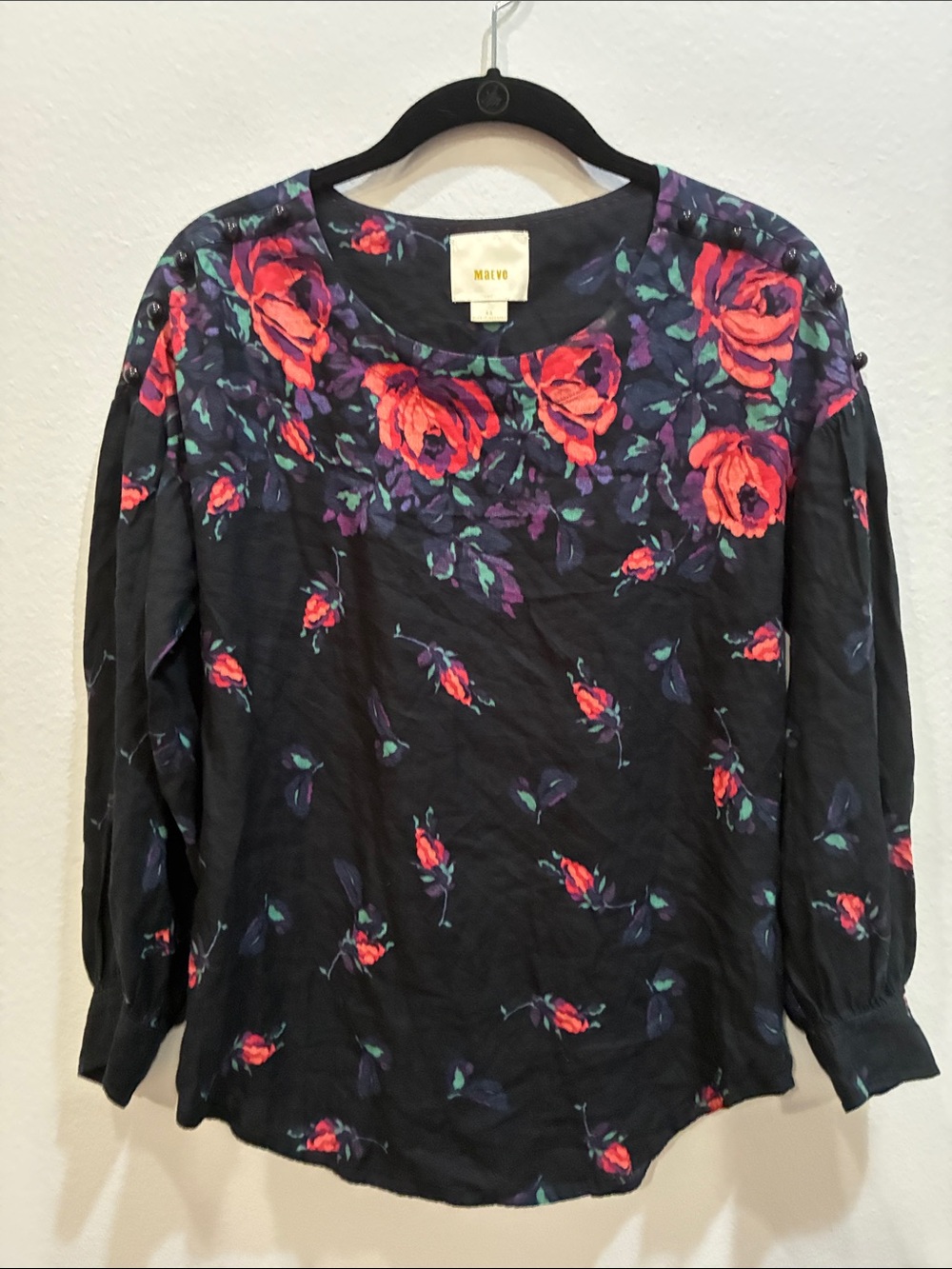 Maeve Black Long-Sleeve Top with Red Rose Print